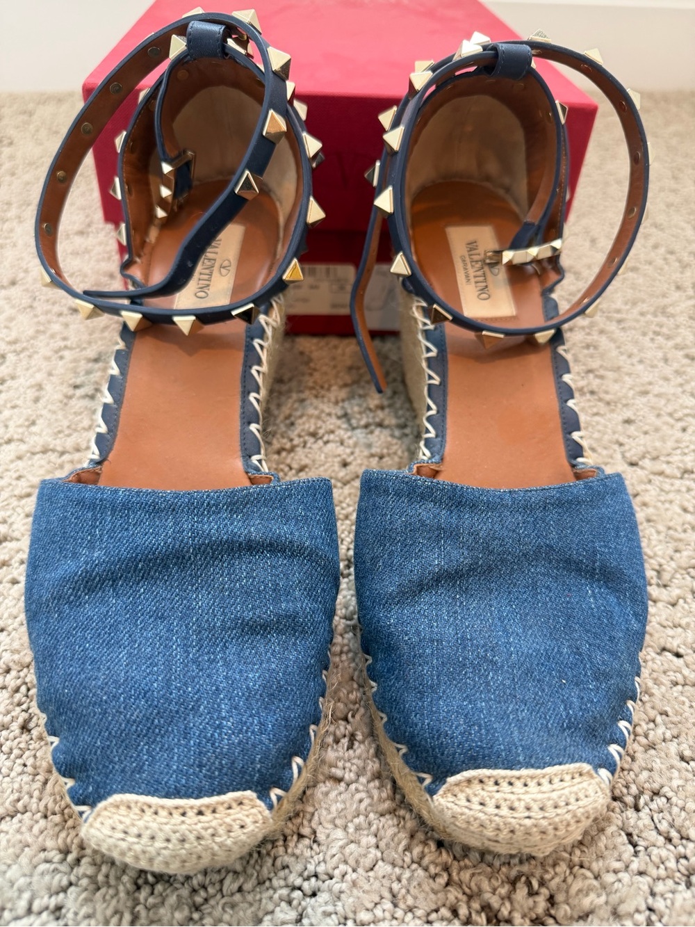 Valentino Scarpe Denim Espadrille Wedge Sandals with Studded Ankle Straps Sz 38